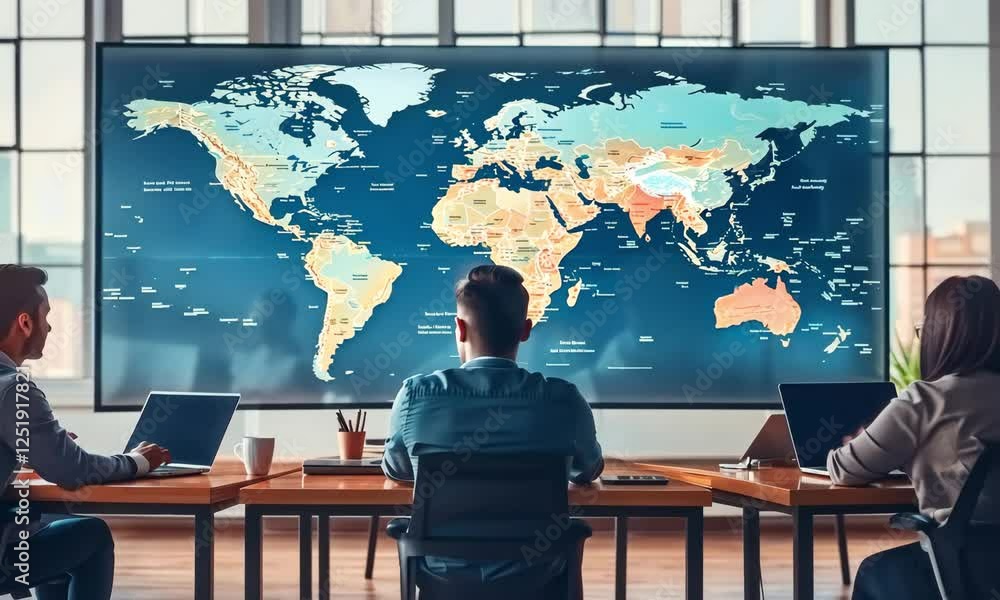 Poster team collaborates on global project while analyzing detailed map in modern office setting