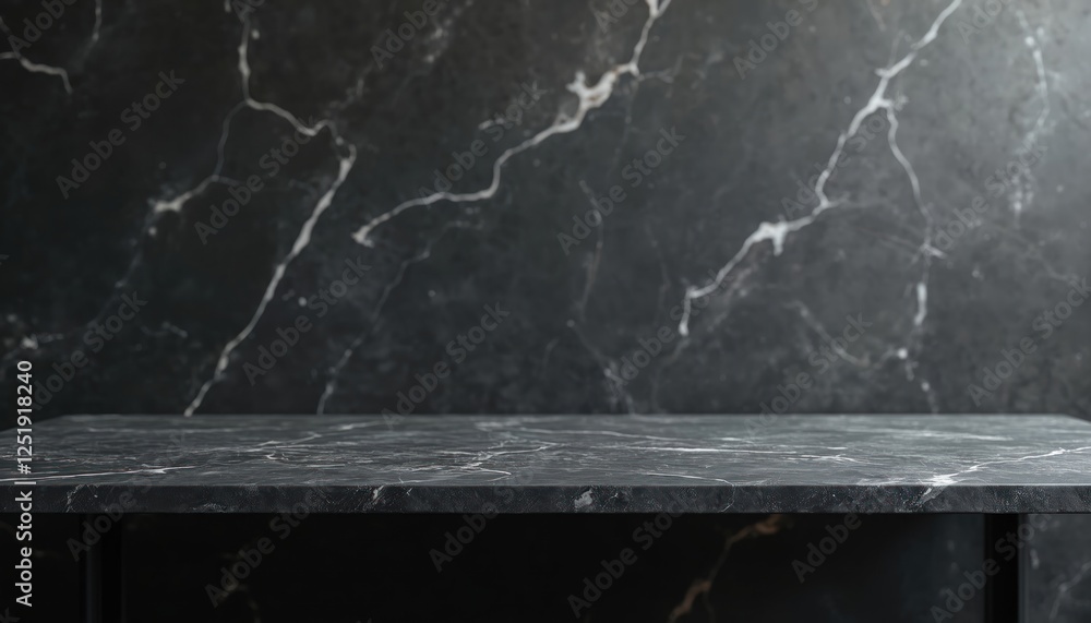 Poster black marble table surface. dark stone countertop, wall with texture pattern. empty space for produc