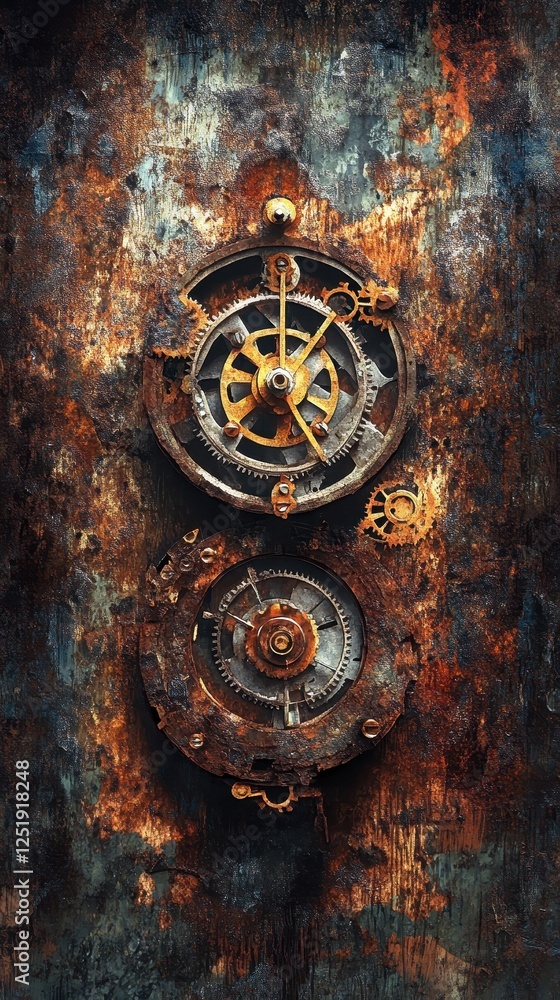 Poster two rusted mechanical clockwork gears displayed against a grungy backdrop