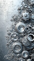 Metallic gears and intricate mechanisms arranged abstractly on brushed surface
