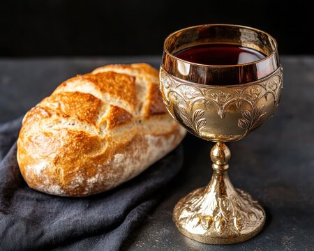 A golden chalice filled with dark liquid sits next to a freshly baked loaf of bread on a dark cloth, symbolizing the Holy Communion celebrated on Maundy Thursday