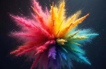 Fototapeta premium Realistic illustration of Holi color explosion. Paint powder fog spray. Smog dust cloud in multiple colors blue, yellow, green, red. Generative AI art for design, creative projects and backgrounds.