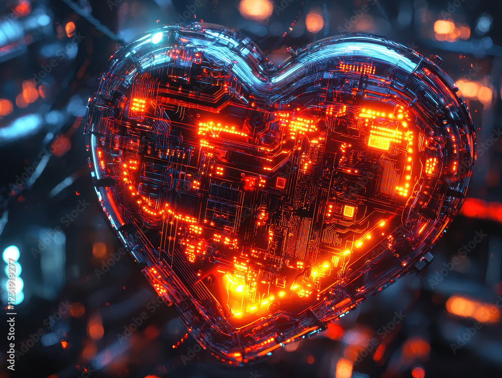 Poster intricate cyberpunk heart design featuring neon-lit gears and circuits in a high-tech environment