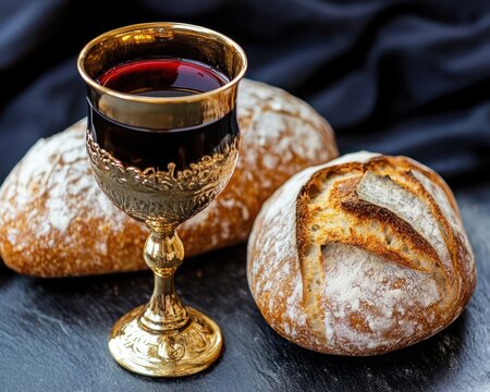Golden chalice filled with wine alongside fresh bread, symbolizing the essence of Holy Communion celebrated during Maundy Thursday in Christian traditions