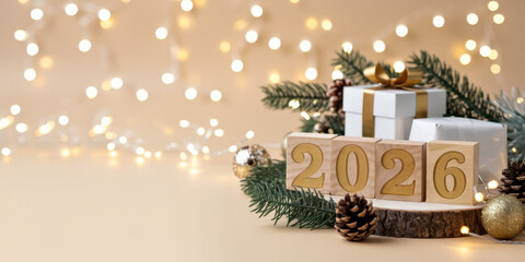 Festive 2026 wooden blocks surrounded by Christmas decorations and lights