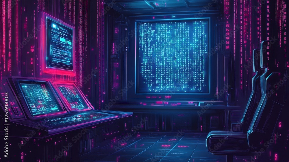 Poster a futuristic command center with glowing screens and digital data
