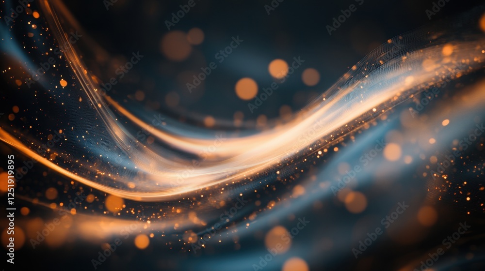 Poster abstract waves of light and shimmering particles in a dark background