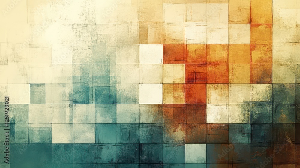 Poster abstract artwork features overlapping squares with textured color variations