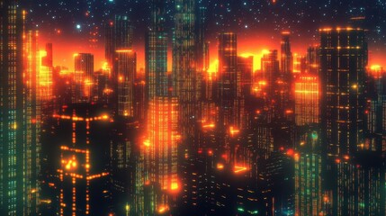 Obraz premium Futuristic cityscape illuminated with orange lights under a starry sky