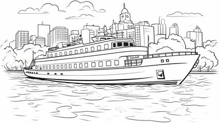 Obraz premium Yacht moored in urban harbor, line art style. Neural network AI generated