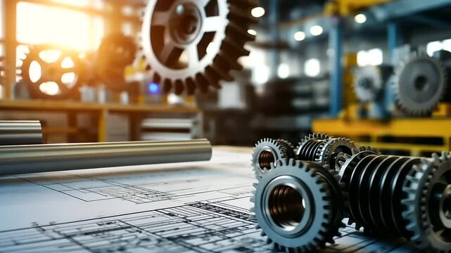 An expansive engineering blueprint covering technical drawings of a complex gear system, with precise scale markings and measurement tools in the background of a modern design stud