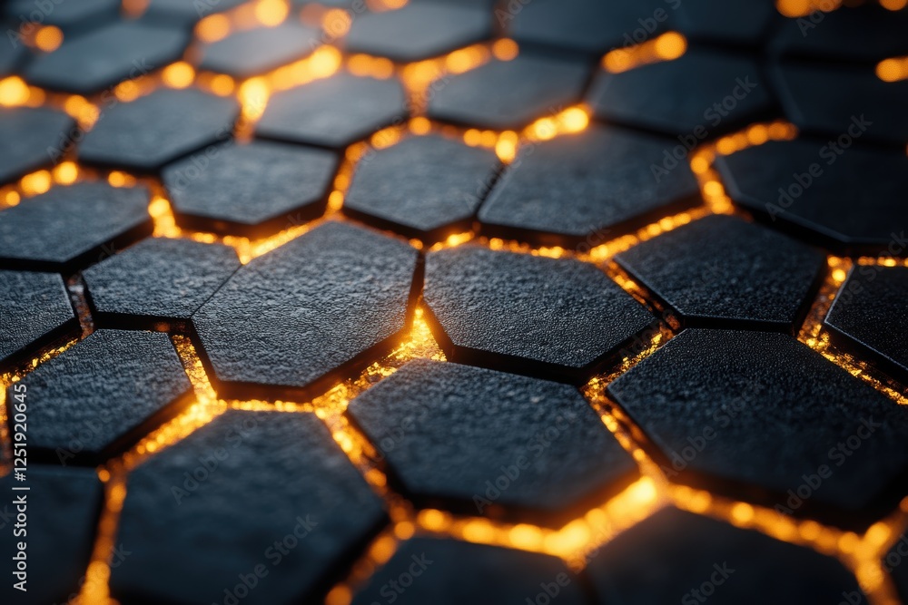 Poster a close-up view of hexagonal tiles with glowing lava-like seams.