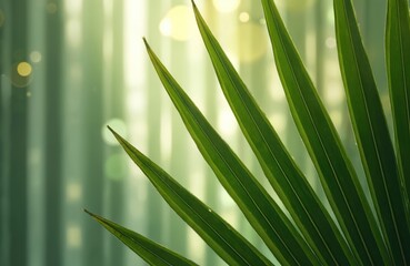 Fresh illustration of green palm leaf against soft reeded glass background. Blurred bokeh lights enhance tropical feel. Minimalist design, ideal for summer themes spa concept layouts. Natural, calm