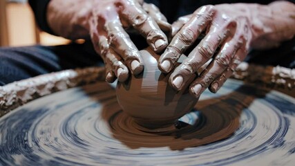 Hands of a potter shaping clay on a spinning pottery wheel, showcasing craftsmanship and artistry