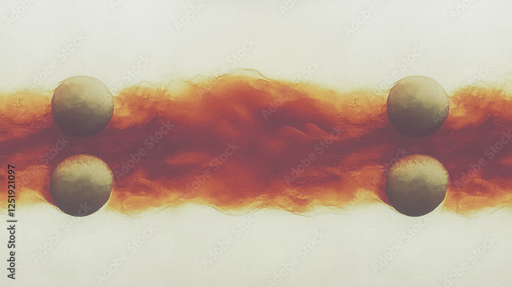 Poster Abstract symmetrical design with spheres and red cloud-like patterns