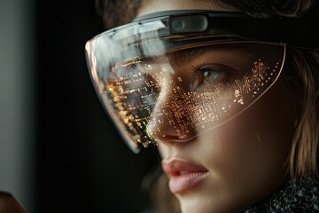 Useful virtual reality. A careful, smart girl with flowing hair, wearing comfortable clothes, touches a hologram while using a handy virtual reality device