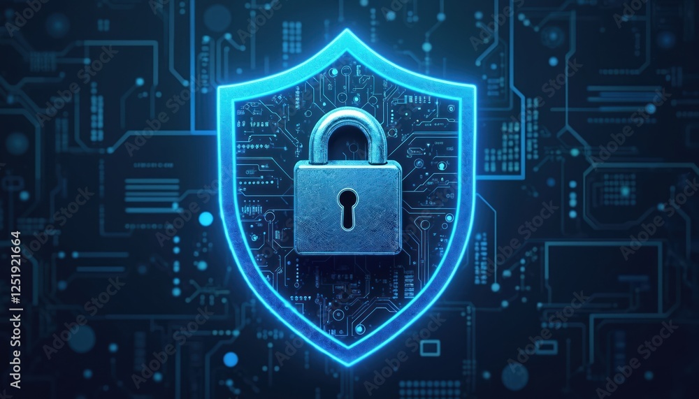 Poster Illustration shows digital shield lock against circuit board background. Concept of network security, privacy, data protection in cyberspace. Generative AI helps keep business safe with advanced