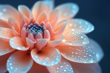 A close-up of a soft pink flower with dew droplets on its petals.