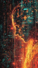 Fototapeta premium Digital human profile merges with complex technological data streams