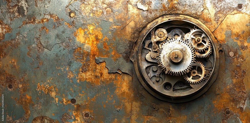 Aufkleber rusty metal background with embedded circular gears and mechanism
