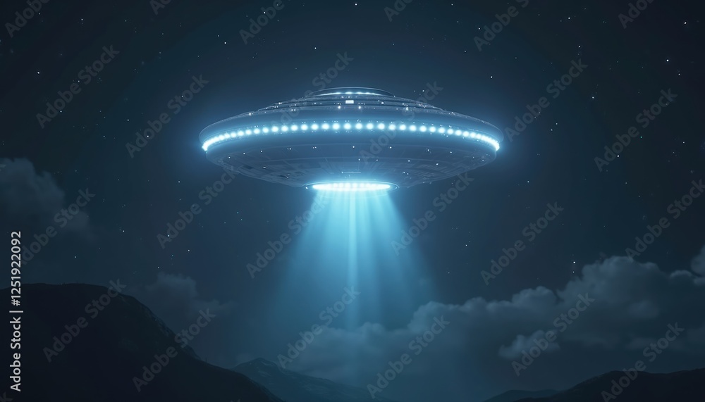 Aufkleber glowing ufo hovers above mountains at night. light beams shine down from unknown flying object in da
