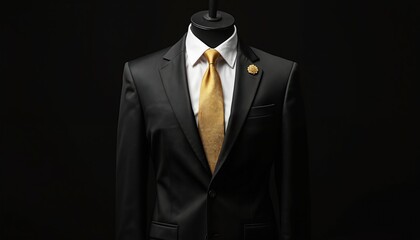 Classic black suit features gold tie plus lapel pin on display. Formal wear design shows style, success, elegance. Executive attire idea for business presentation, corporate lifestyle photoshoot.