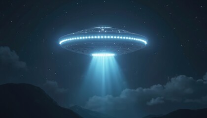 Glowing UFO hovers above mountains at night. Light beams shine down from unknown flying object in dark sky. Stars twinkle in the distance, mystery and wonder are visible.
