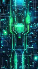 Futuristic digital circuit board with glowing green elements