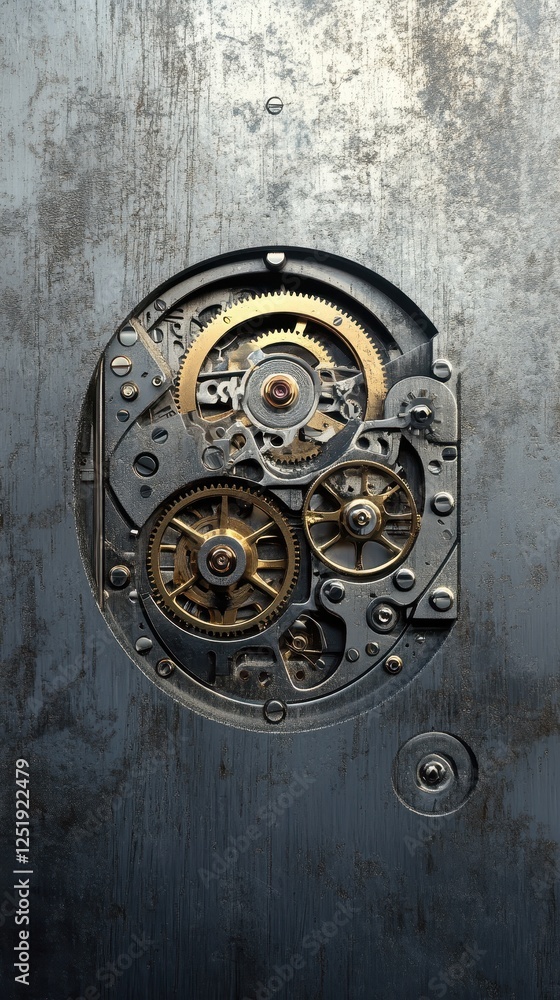 Poster complex clockwork mechanism visible through a circular cutout