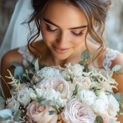 Bride holding a beautiful bouquet of flowers indoors before the wedding ceremony