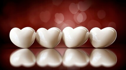 Four White Hearts In Row On Dark Red Background