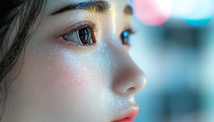 Fototapeta premium Humanoid robot face close-up, showcasing futuristic chatbot assistance, auto-conversation, and AI digital technology