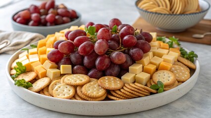 Juicy grapes served with assorted cheeses and crackers on a stylish platter for a delightful snack or appetizer experience