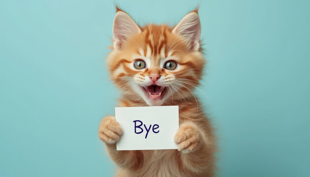 " Bye " text on card. Lovely tabby making message stand out. Adorable cat vibrant expression. Pale blue background.