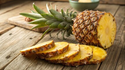 Close up of a ripe pineapple with slices on a rustic wooden table, showcasing vibrant colors and natural textures