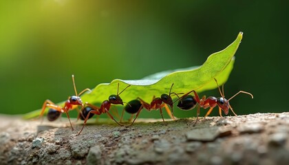 Ants carry a green leaf teamwork concept. Insects transport foliage on a forest floor. Close up showcases nature cooperation group work in a vibrant natural environment. Leafcutter ants working.