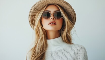 Fototapeta premium Young woman in casual fashion wearing sunglasses and a straw hat indoors