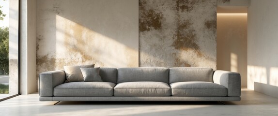 Loft Home Interior Design Featuring Modern Living Room with Grey Fabric Sofa and Grunge Stucco Wall