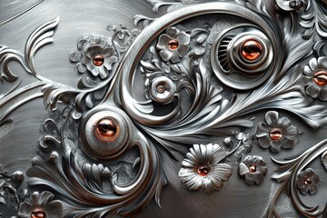 Intricate embossed floral patterns on a shiny metallic silver surface