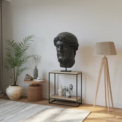 antique statue's head on a blue graphic background. Trendy collage in magazine style. Contemporary art. Modern design in interior