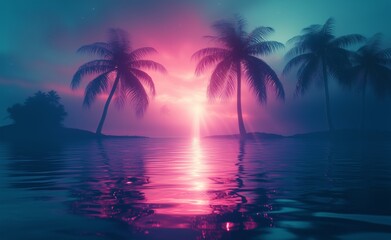 Vibrant sunset over calm waters with palm trees framing the luminous horizon