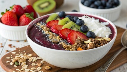 Colorful acai bowl topped with fresh fruit and granola served on a wooden board amidst a vibrant kitchen setting