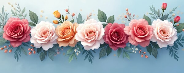 Trendy banner with floral design. Pastel pink roses, peonies art illustration for wedding, invitation, valentine wallpaper. Red, white, yellow rose flower design on blue abstract backdrop. Elegant