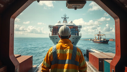 Seefracht-Logistik, Hafenarbeiter beobachtet ein ankommendes Containerschiff
