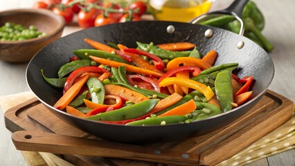 Fresh vegetable stir fry prepared in a wok with colorful bell peppers, snap peas, and carrots in a cozy kitchen