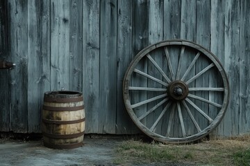Rustic Charm: Wooden Barrel and Wagon Wheel Against Weathered Barn