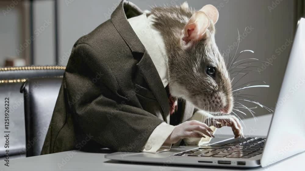 Poster rodent professional demonstrates workplace expertise. unexpected office worker navigates digital tas