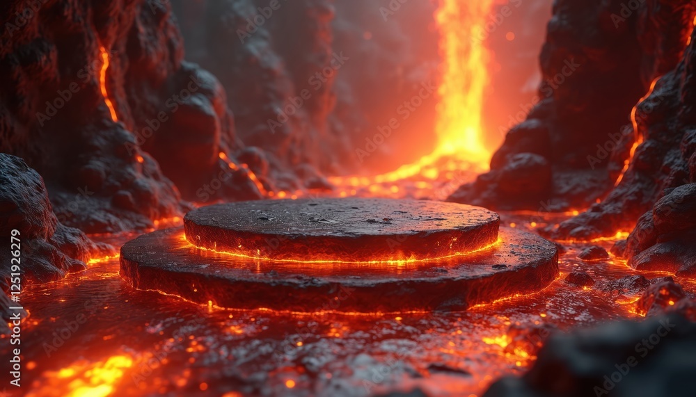 Poster dynamic 3d podium emerging from flowing lava. fiery erupting volcano backdrop, molten rock textures 