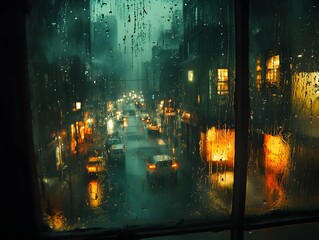 An ASMR-style image of raindrops on a windowpane, softly focused with dim lighting for a calming feel. Perfect for minimalist backgrounds, relaxation ads, ASMR, or mental health content.