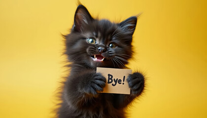 " Bye " text on card. Lovely black kitten making message stand out. Cute animal, vibrant expression. Yellow minimalistic background.